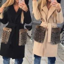 Fashion Long Sleeve Faux Fur Spliced Oversized Coat with Waist Strap