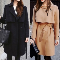 Elegant Solid Color Cape-style Woolen Coat with Waist Strap