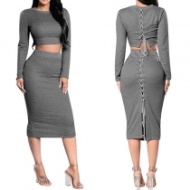 Sexy Long Sleeve Lace-up Crop Tops + High Waist Lace-up Skirt Two-piece Set