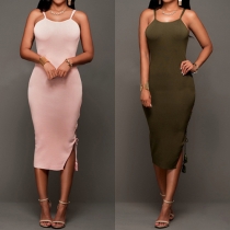 Sexy Backless Lace-up Hem Solid Color Sling Dress