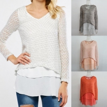 Fashion Solid Color Knitted Spliced Long Sleeve V-neck Tops
