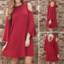 Sexy Backless Off-shoulder Lotus Sleeve Round Neck Solid Color Dress