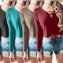 Sexy V-neck Long Sleeve Lace Up Solid Color Tops