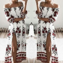 Sexy Off-shoulder Half Sleeve Slit Hem Printed Dress