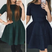Fashion Solid Color Short Sleeve Round Neck High Waist Dress