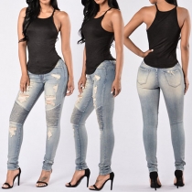 Fashion Solid Color High Waist Ripped Skinny Jeans 
