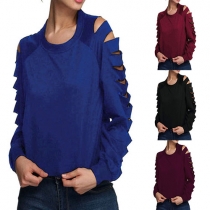 Fashion Solid Color Cut-out Hole Sleeve Round Neck Tops