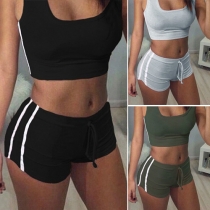 Casual Style Sleeveless Crop Tops + Shorts Sports Suit