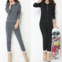 Fashion Solid Color Hooded Sweatshirt + Pants Warm Sports Suit