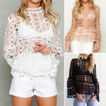 Sexy Trumpet Sleeve Stand Collar Hollow Out Lace Smock