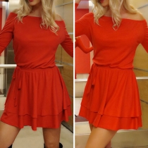 Sexy Boat Neck Long Sleeve Solid Color Double-layer Hem Dress