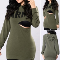 Fashion Letters Printed Long Sleeve Hooded Ripped T-shirt