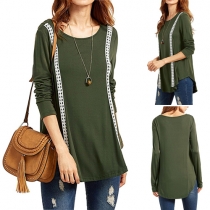 Fashion Long Sleeve Round Neck Arcuate Hem Lace Spliced T-shirt