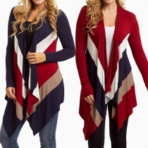 Fashion Contrast Color Long Sleeve Irregular Hem Cardigan