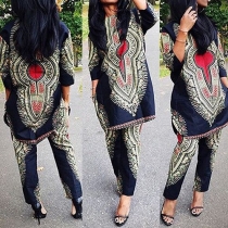 Ethnic Style Printed 3/4 Sleeve Top + Pants Two-piece Set
