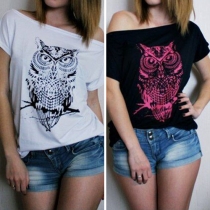 Sexy Off-shoulder Short Sleeve Owl Printed T-shirt