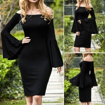 Sexy Boat Neck Trumpet Sleeve Solid Color Slim Fit Party Dress