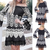 Sexy Boat Neck Lace Spliced Trumpet Sleeve Printed Dress