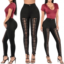 Sexy High Waist Hollow Out Lace-up Solid Color Leggings