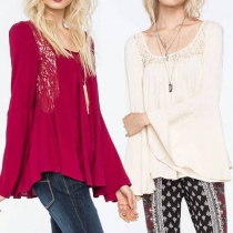 Sexy Backless Lace Spliced Trumpet Sleeve Solid Color Tops