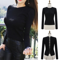 Fashion Sexy Solid Color Back Bandage Long Sleeve Slim Fit Tops 