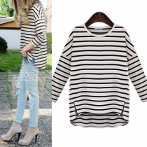 Fashion Casual Striped Round Neck High-low Hemline Tops 