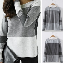 Fashion Casual Contrast Color Long Sleeve Round Neck Tops 