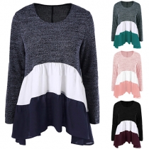 Fashion Contrast Color Spliced Round Neck Long Sleeve Irregular Hemline Tops