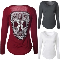 Fashion Skeleton Printed Long Sleeve Round Neck Slim Fit Tops 