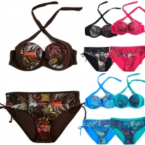 Fashion Sexy Flower Printed Gauze Bikini Set 