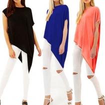 Fashion Casual Solid Color Round Neck Irregular Hemline T-shirt 