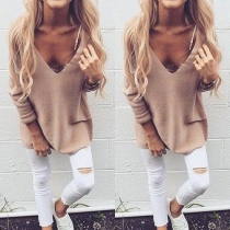 Fashion Sexy Solid Color Deep V-neck Long Sleeve Tops 