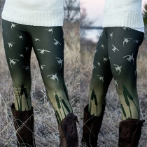 Fashion Digital Birds Printed Slim Fit Stretch Pants 