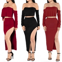 Fashion Solid Color Off Shoulder Tops + High Waist Side Slit Hemline Skirt Two-piece Set