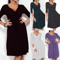 Fashion Dots Printed Deep V-neck 3/4 Sleeve High Waist Dress 
