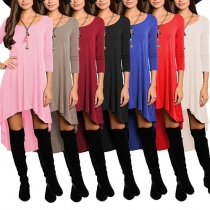 Fashion Solid Color Round Neck High-low Hemline Loose-fitting Dress 