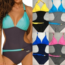 Fashion Sexy Color Spliced One-piece Halter Swimsuit 