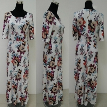 Fashion Sweet Flower Printed Half Sleeve Slim Fit Maxi Dress 