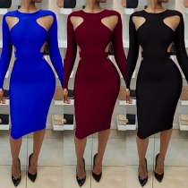 Sexy Hollow Out Long Sleeve Round Neck Bodycon Dress