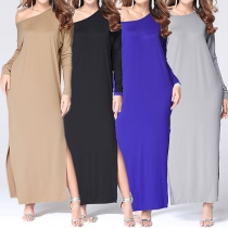 Sexy Oblique Shoulder Slit Hem Long Sleeve Solid Color Maxi Dress
