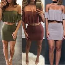 Sexy Off-shoulder Crop Tops + High Waist Bust Skirt Two-piece Set