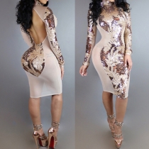 Sexy Backless Sequin Spliced Long Sleeve Bodycon Dress