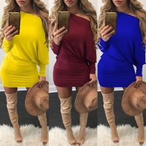 Sexy Oblique Shoulder Dolman Sleeve Solid Color Dress