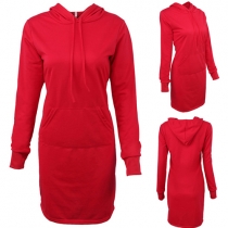 Fashion Solid Color Long Sleeve Hooded Sweatshirt Dress
