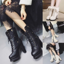 Fashion Round Toe Thick High-heel Platform Faux Fur Lace Up Booties