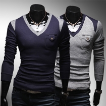 Fashion Contrast Color V-neck Long Sleeve Men's Knit Tops