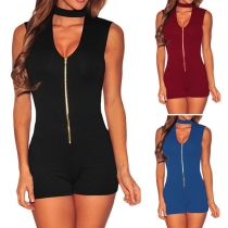 Sexy Hollow Out Turtleneck Sleeveless Solid Color Slim Fit Rompers