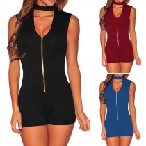 Sexy Hollow Out Turtleneck Sleeveless Solid Color Slim Fit Rompers