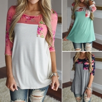 Fashion Printed Spliced 3/4 Sleeve Round Neck T-shirt