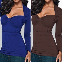 Fashion Solid Color Long Sleeve Square Collar Slim Fit T-shirt